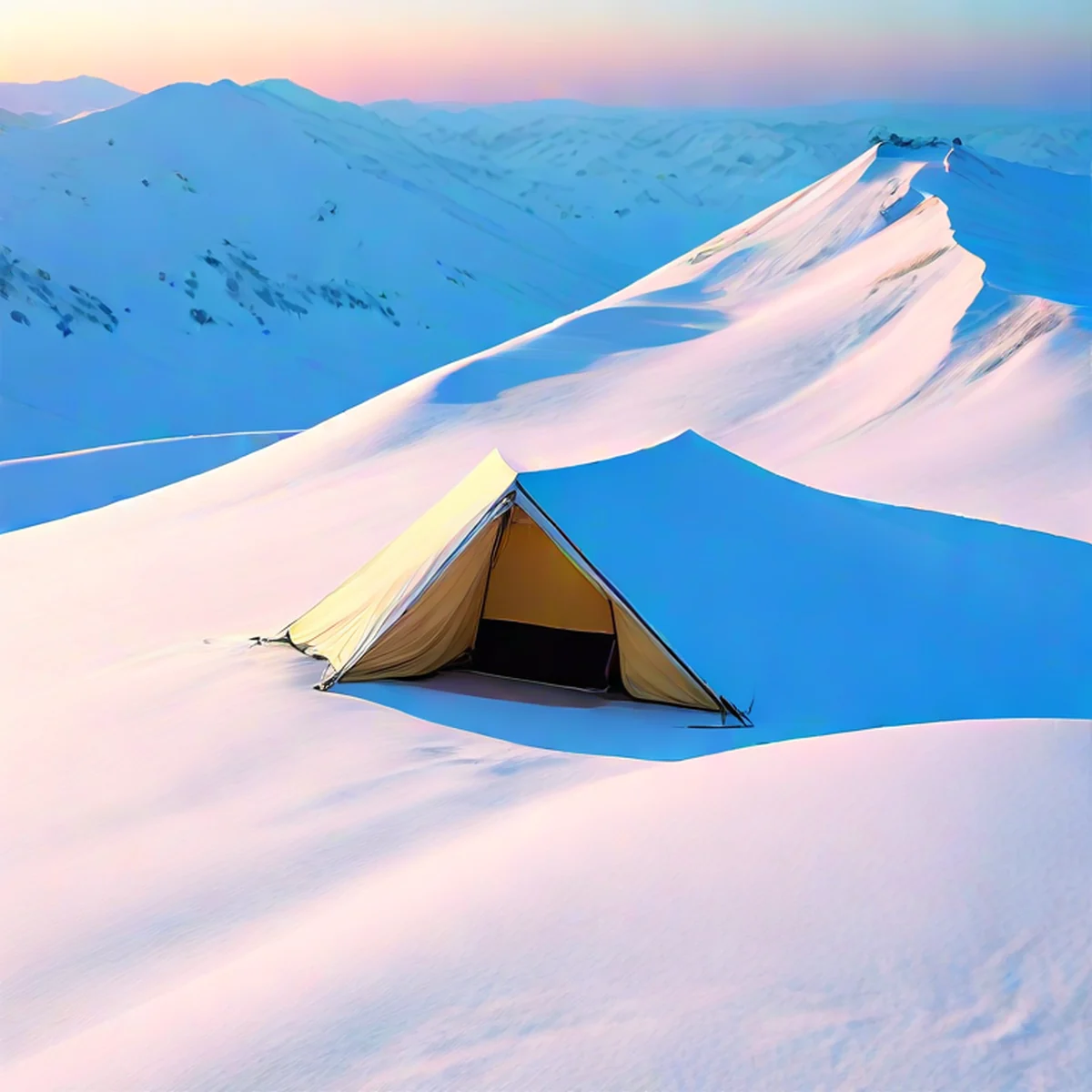 Ein einsames, im Schnee versunkenes Zelt am Berghang
