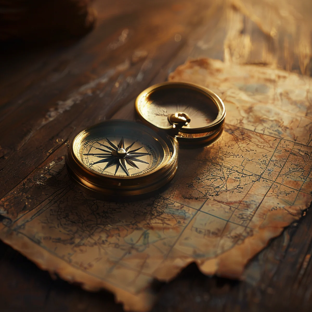 Brújula antigua y mapa sobre una mesa de madera