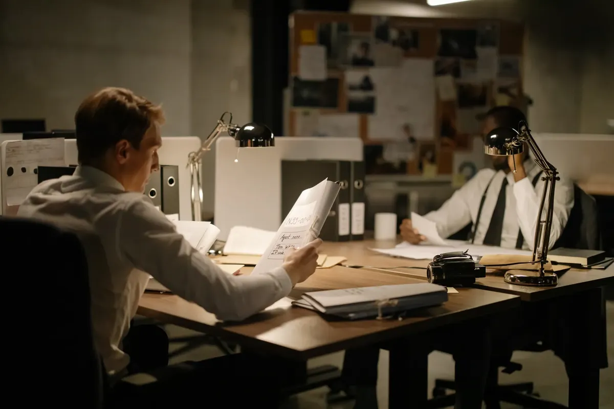 Two detectives analyzing documents in an office setting under dim lighting, focusing on investigation.