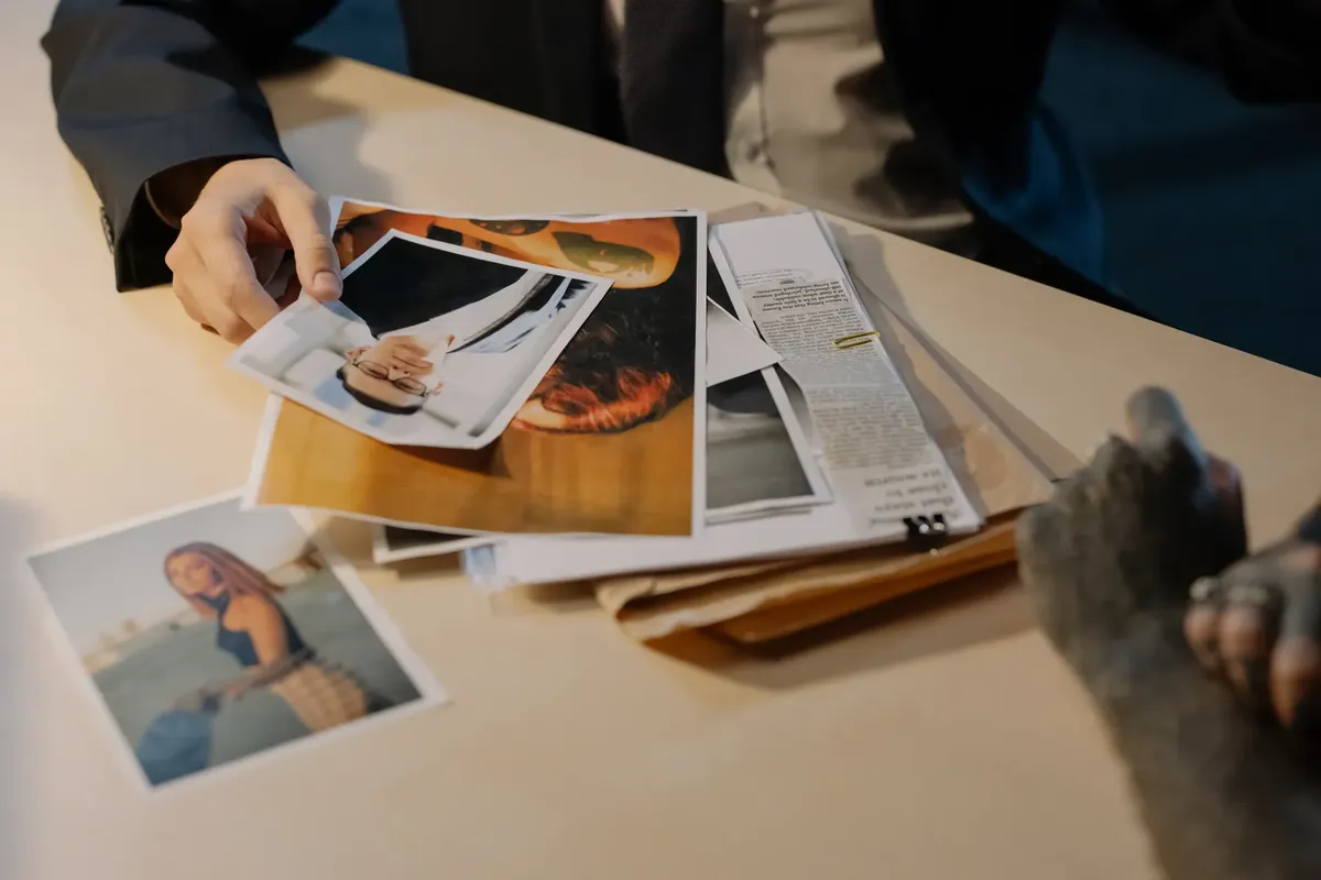 Close-up of a detective examining evidence photos on a table during an investigation.