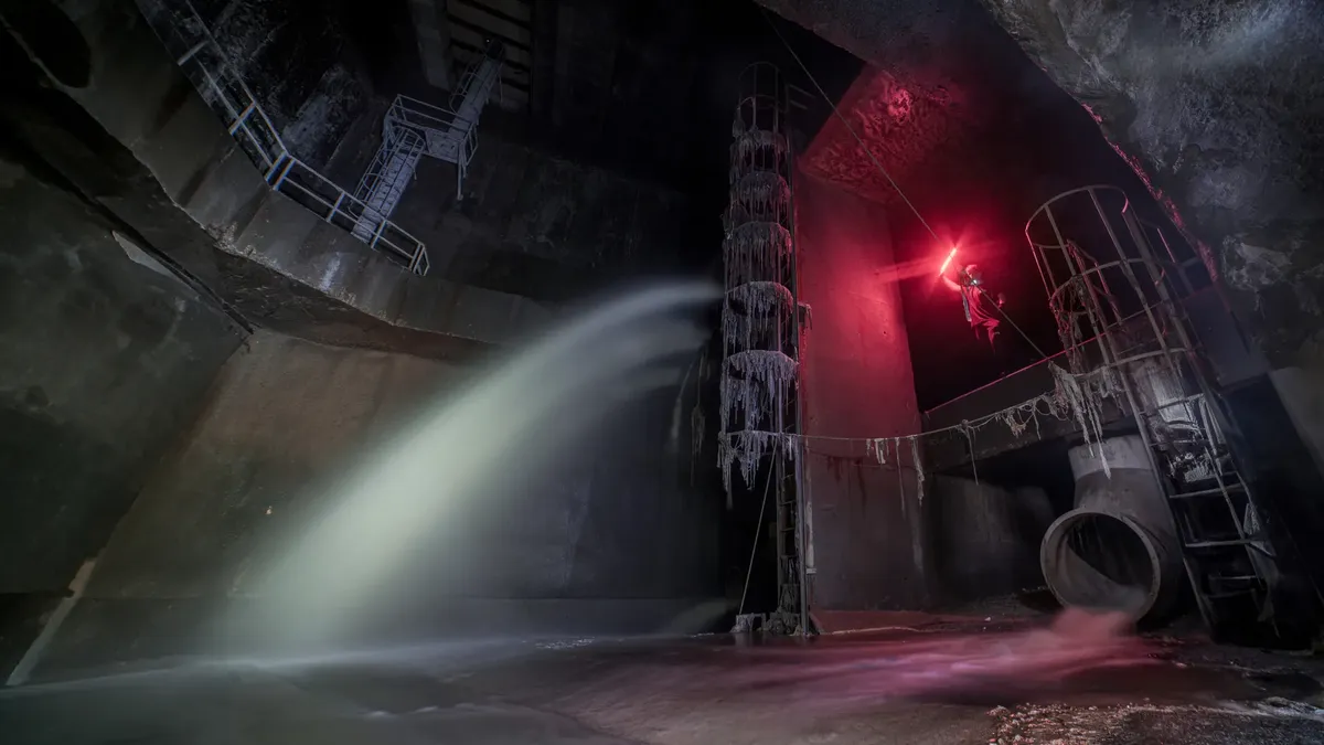 Person exploring an industrial underground with dramatic lighting and water flow.