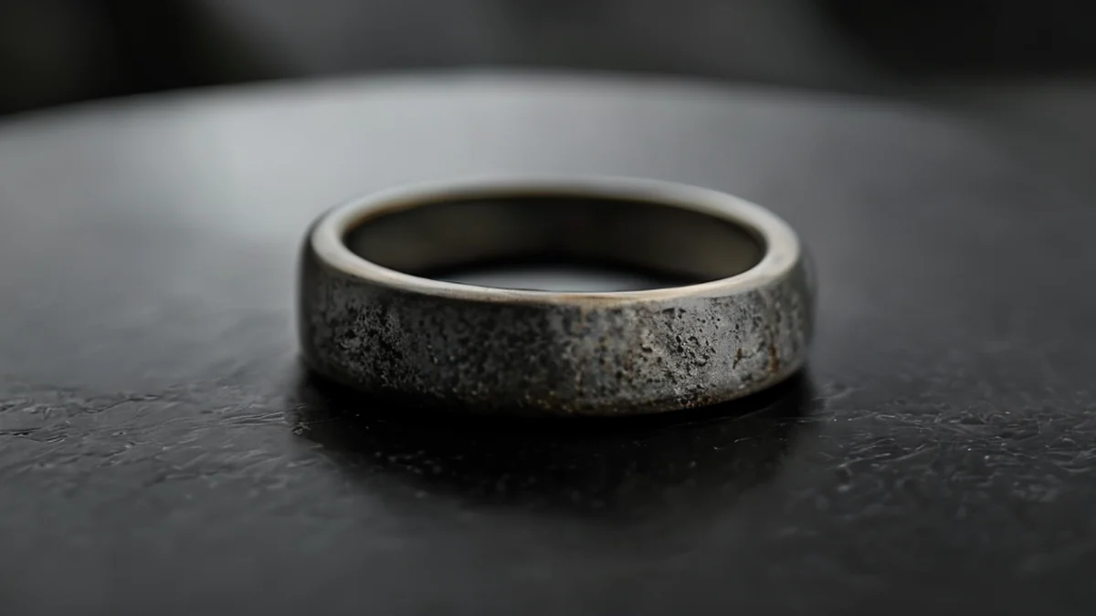 A tarnished ring, dull surface, gray color, circular shape, on a black table, overcast daylight, shallow depth of field, photorealistic, sharp focus, high detail