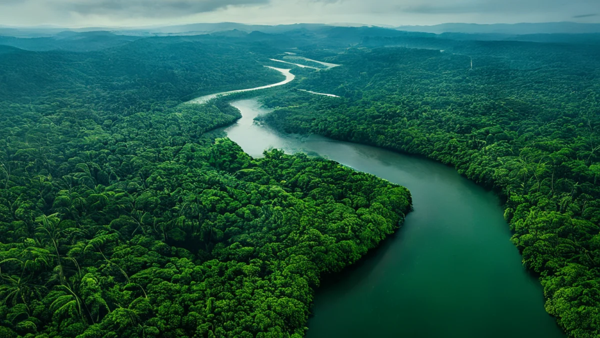 Aerial view of the Amazon River, showing its vast network of waterways and dense rainforest.