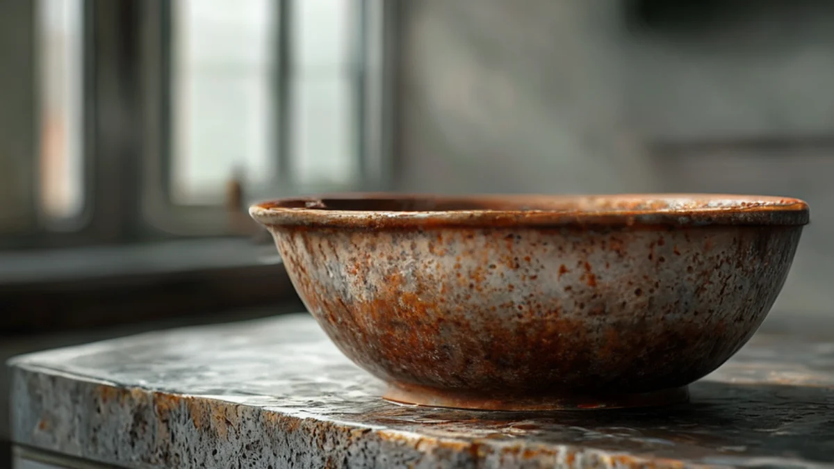 Un lavabo de metal oxidado con manchas de agua y oxidación.