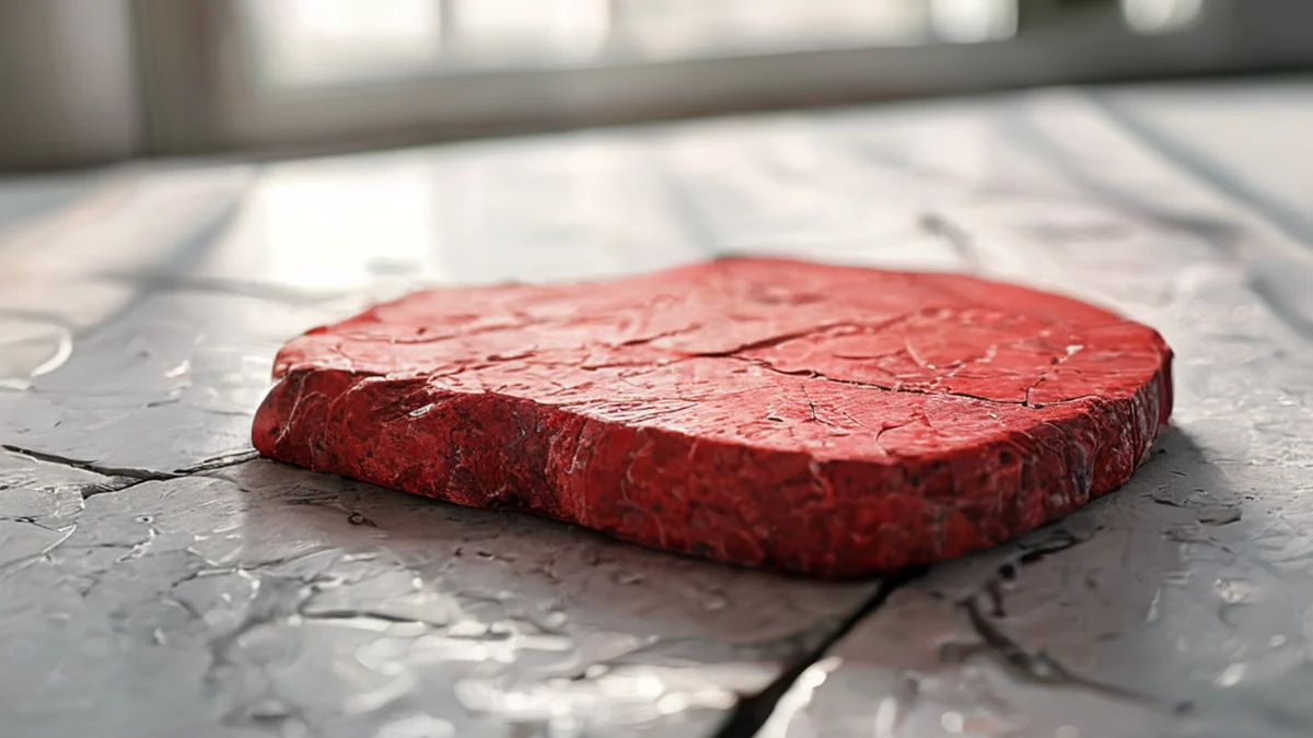 Piedra de aceras roja, textura áspera, bordes rotos, sobre una mesa blanca limpia, luz de ventana suave, profundidad de campo baja, fotorealista, enfoque neto, detalles altos