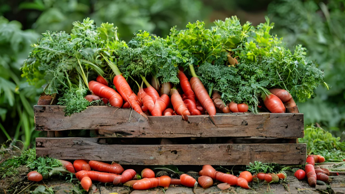Caja de madera contiene verduras frescas recolectadas en el campo.