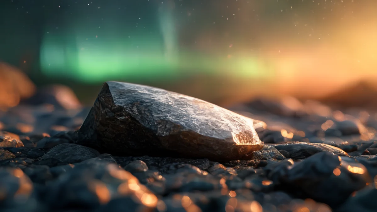 Un chisel d'aurore à surface métallique, centré sur une surface rocheuse, lumière latérale chaude, profondeur de champ faible, photoréaliste, focus net, détails élevés