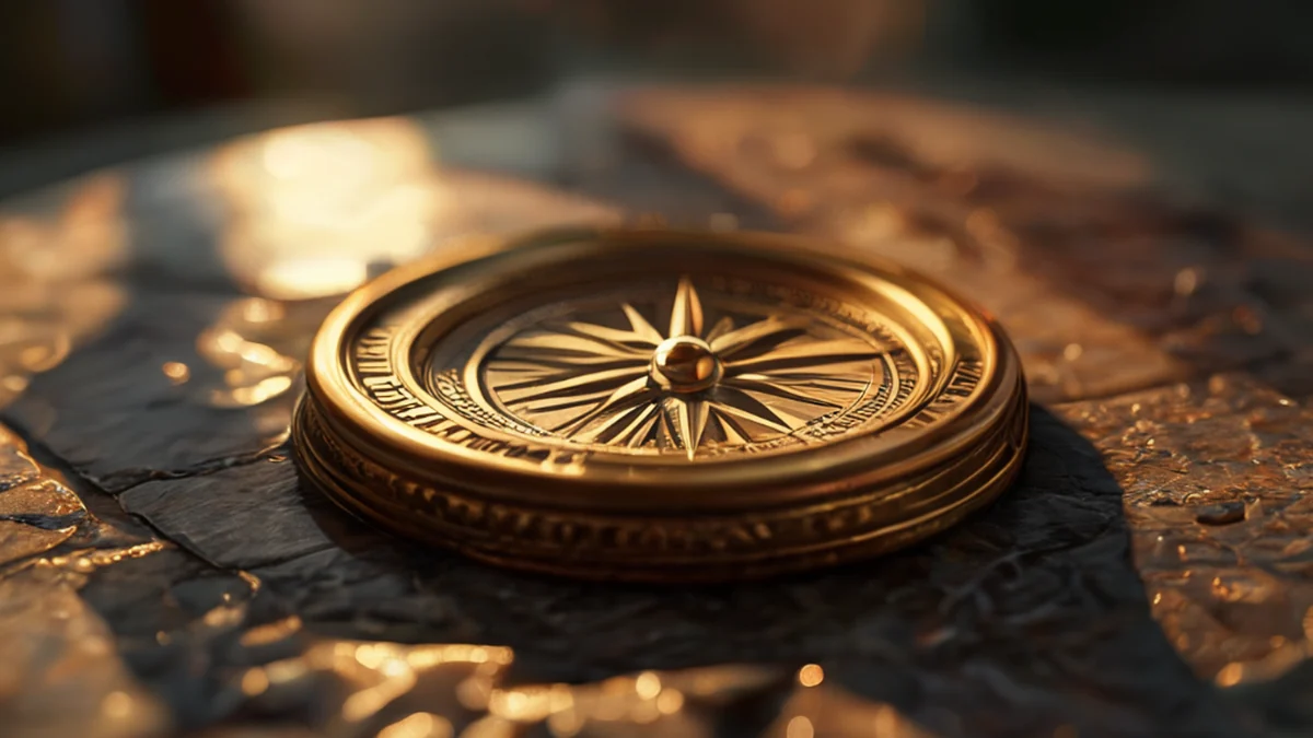 Un piccolo compasso d'oro decorativo, superficie lucida, al centro di una tavola di pietra sotto luce calda, profondità di campo sottile, realismo fotografico, focus netto, dettagli elevati