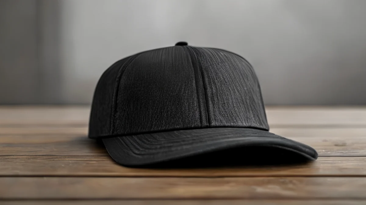 Zwart Turky-Line-hat, rechthoekig, textuurige oppervlak, donkere matte finish, op een eenvoudige houten tafel, onder bewolkte daglicht, gedeeltelijke scherpte, fotorealistisch, scherp focus