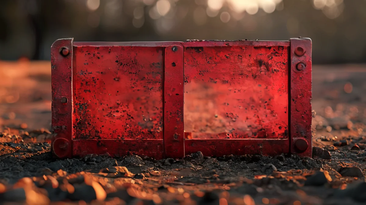 Porta metálica central com superfície rústica, forma rectangular, cor vermelha, textura irregular, apoiada em superfície suja, luz lateral quente, profundidade de campo superficial, fotorealista, foco neto, detalhes elevados