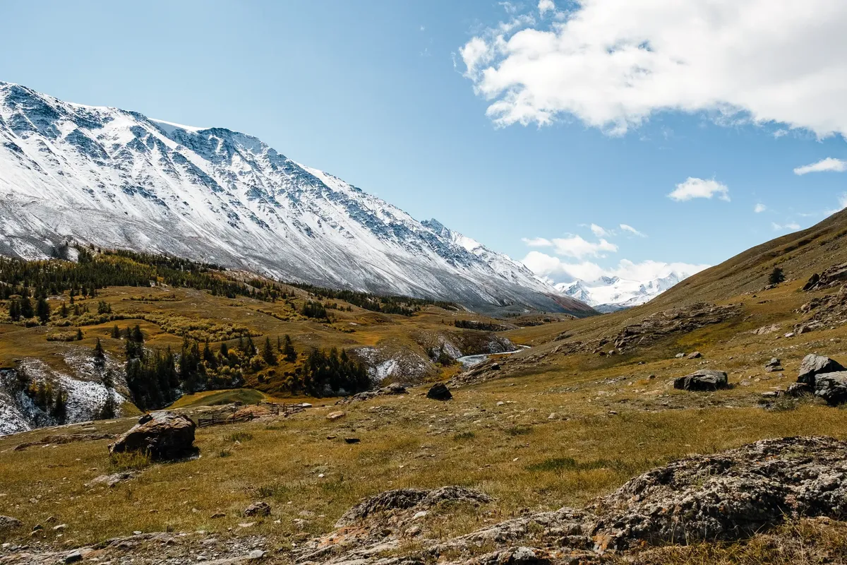 Scenic view of snow-capped mountains and grassy valleys in Russia under a clear sky.